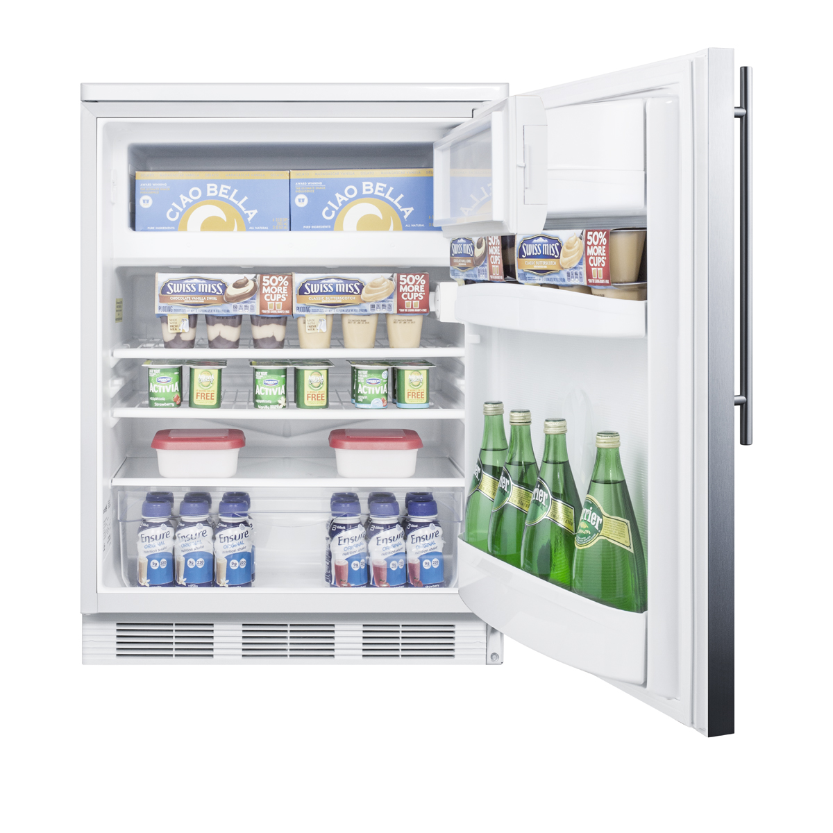 Freestanding ADA compliant refrigerator-freezer for general purpose use, w/dual evaporator cooling, lock, SS door, thin handle, white cabinet